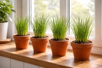 - Metélőhagyma az ablakban gyorsan nő, kevés gondozás mellett friss leveleket ad.