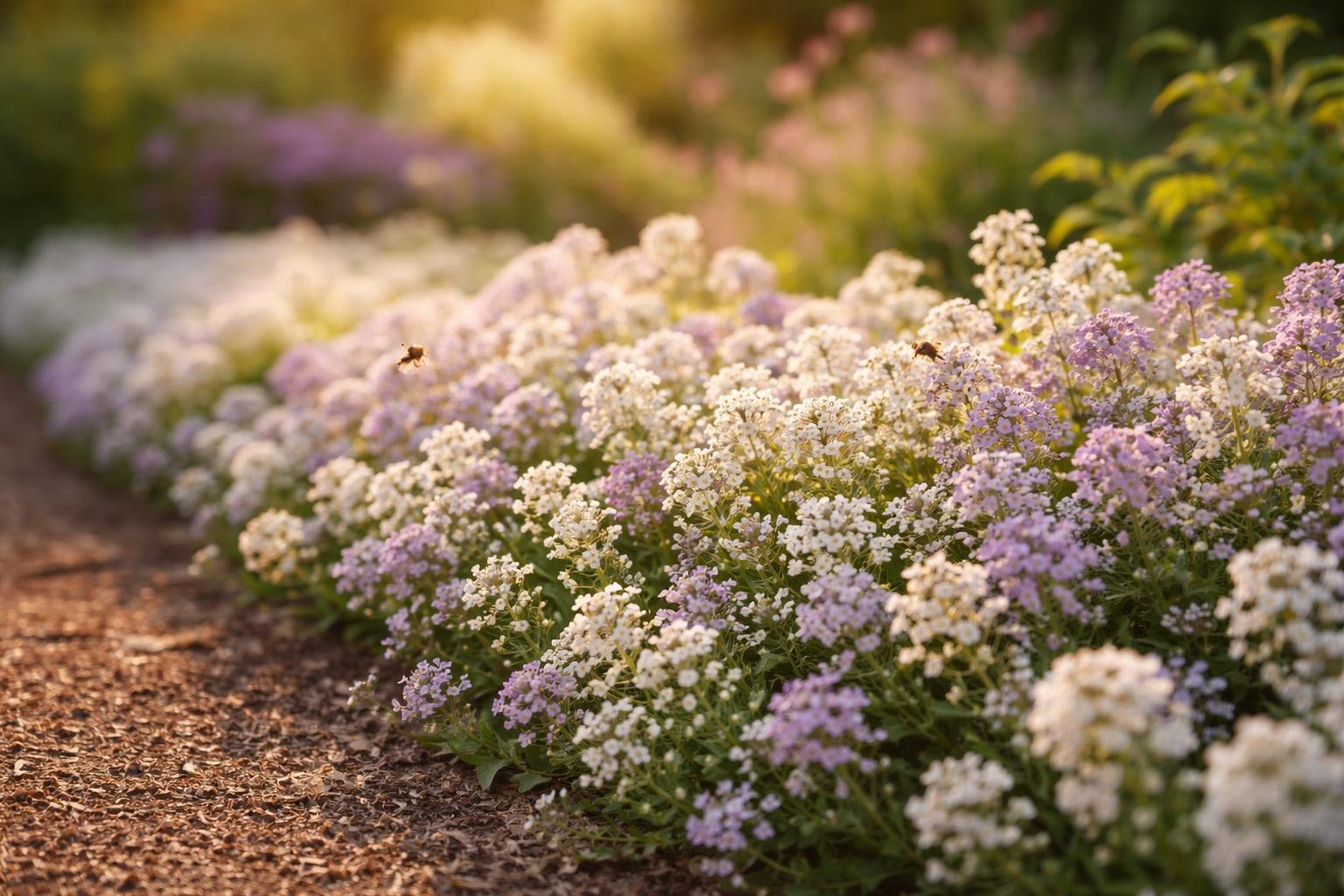 - Mézvirág: illatos, tömött virágfelhőket ad, és méheknek kiváló nyári táplálék.