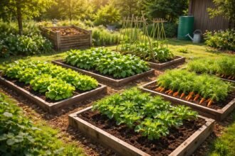 Kerti ágyásokban különböző növénycsoportok váltakoznak, egyensúlyban tartva a talajt, kártevők ellen.