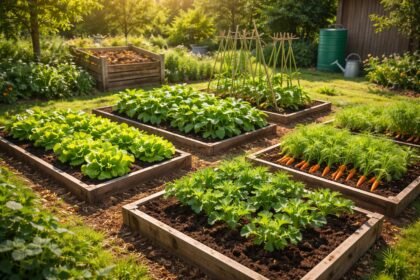 Kerti ágyásokban különböző növénycsoportok váltakoznak, egyensúlyban tartva a talajt, kártevők ellen.