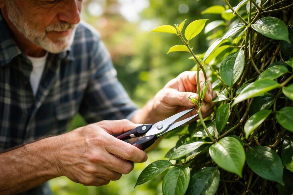 húsos viaszvirág metszés közben, kéz tartja az ágakat, friss vágási pontokkal