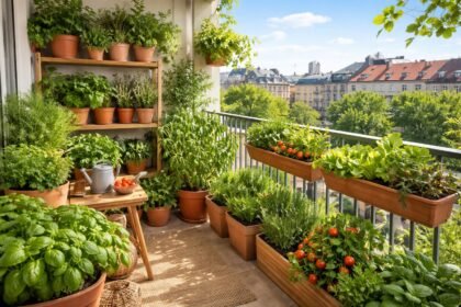 4. emeleti erkélyen hétköznapi méretű cserépben zöld növények, fűszerek és saláta láthatók.