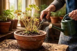 Muskátli a teleltetés után ébredő új hajtásokkal, tömött földdel és lágy fényben
