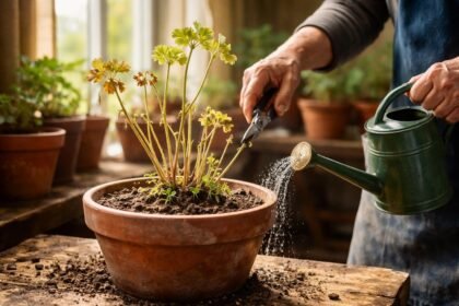 Muskátli a teleltetés után ébredő új hajtásokkal, tömött földdel és lágy fényben