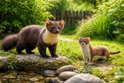 Kertben közelről látható nyest és menyét, figyelmesen a kamera felé néz.