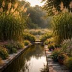 Az olasznád Arundo donax látványos, hatalmas vesszőkkel a kertben, vízparti környezetben.