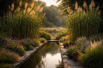 Az olasznád Arundo donax látványos, hatalmas vesszőkkel a kertben, vízparti környezetben.