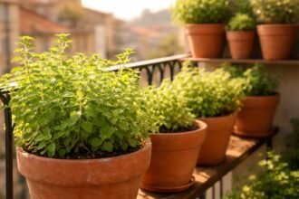 Erkélyen vagy ablakpárkányon konténerben nevelt oregánó, élénk zöld levelek illatosan.