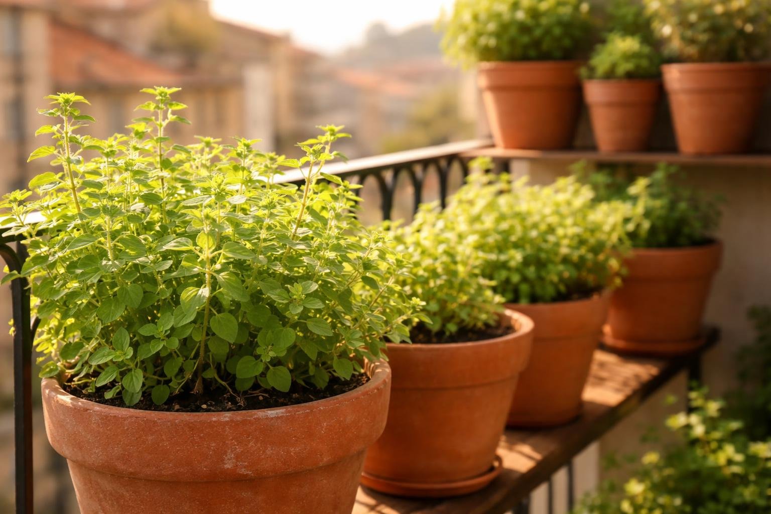 Erkélyen vagy ablakpárkányon konténerben nevelt oregánó, élénk zöld levelek illatosan.