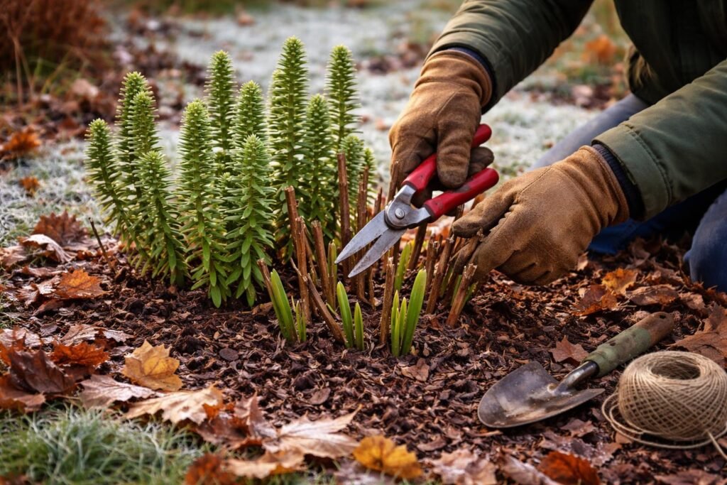 Őszi kerti jelenet évelő díszgyertya metszése és visszavágása közben, levelek között