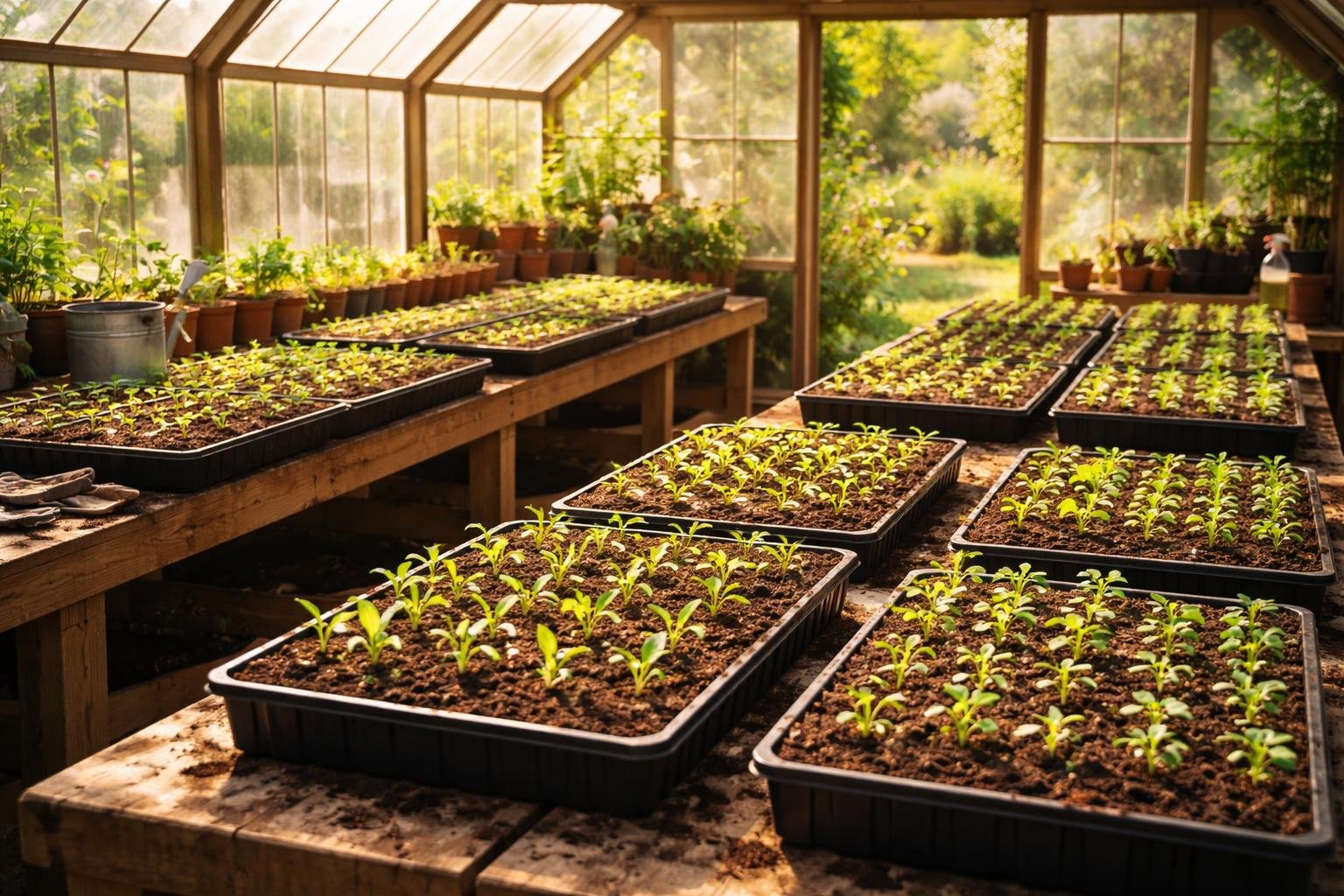 Közeli felvétel palántákról ültetésre kész, naptárral és időjárási grafikonokkal a háttérben.