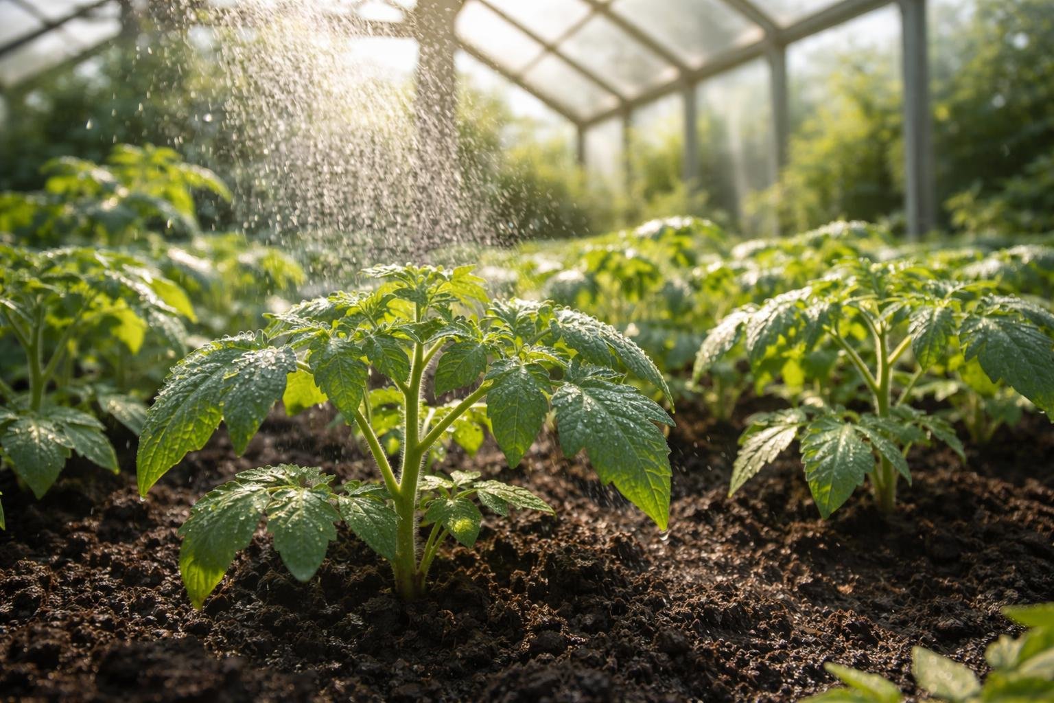 Paradicsompalánta növekedését bemutató kép különböző edényekben és jelzéseket figyelő kertész