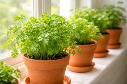Erkélyen elhelyezett petrezselyem cserépben, zöld levelei napfényben frissek és illatosak.