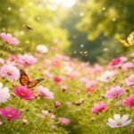 Cosmos Pillangóvirág virágzó ágyban, lágy színek, méh és pillangóbarát kertkép.