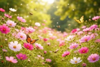 Cosmos Pillangóvirág virágzó ágyban, lágy színek, méh és pillangóbarát kertkép.