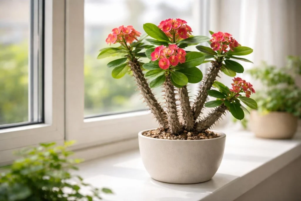 Pompás kutyatej, Euphorbia milii, vastag tövises szár és élénk fellevelek a szobában.