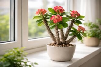 Pompás kutyatej, Euphorbia milii, vastag tövises szár és élénk fellevelek a szobában.