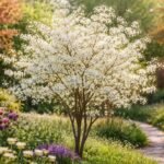 • Rézvörös fanyarka tavasszal fehér virágokkal, nyáron érett gyümölcsökkel díszíti a kertet.