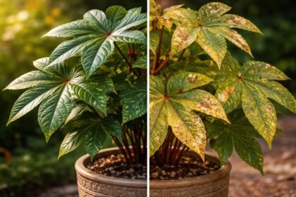 - Ricinus növény látványos, de a mérgező magok miatt gyerekeknél és háziállatoknál óvatosan kezelendő.