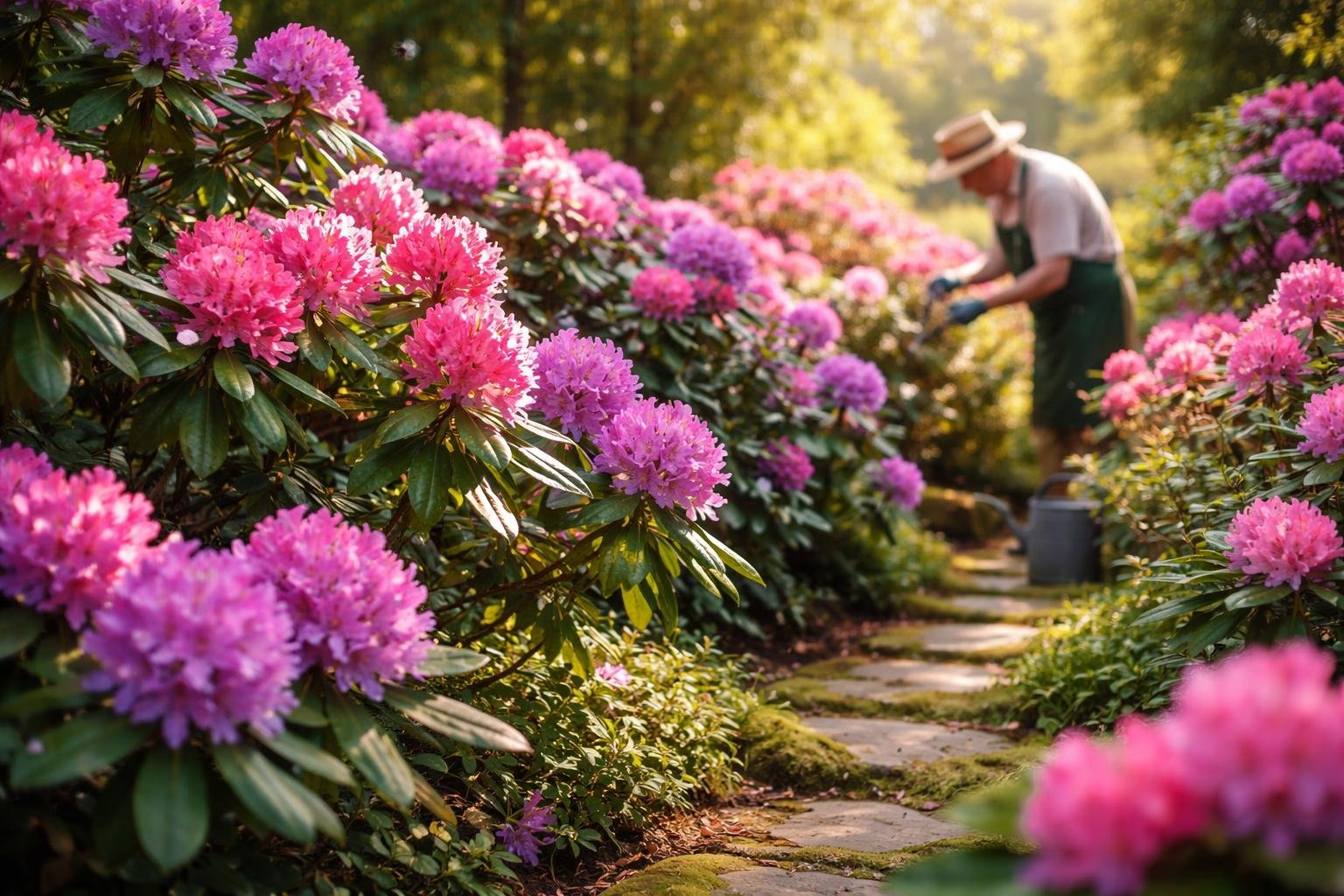 Rododendron bokor gazdagon virágzó tavasszal, zöld levelek és élénk színek a kertben.