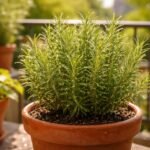 Rozmaring konténerben, egészséges és illatos mediterrán gyógynövény fotója balkonon napsütésben részletekkel.