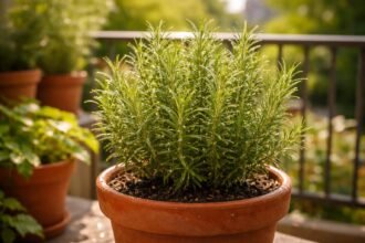 Rozmaring konténerben, egészséges és illatos mediterrán gyógynövény fotója balkonon napsütésben részletekkel.