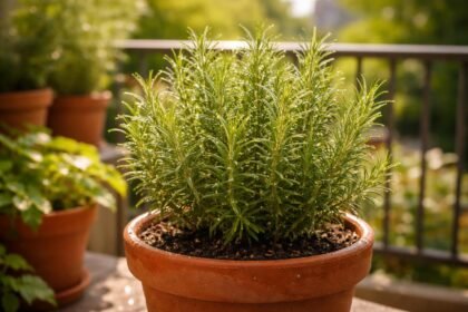 Rozmaring konténerben, egészséges és illatos mediterrán gyógynövény fotója balkonon napsütésben részletekkel.