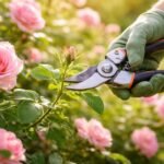 Rózsa bokor metszése tavaszi fényben, egészséges hajtásokkal és bőséges virágzással.