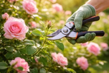 Rózsa bokor metszése tavaszi fényben, egészséges hajtásokkal és bőséges virágzással.