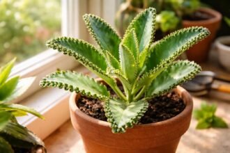 Kalanchoe daigremontiana levél szélén megjelenő sarjnövényekkel díszített szobanövény fotó egy érdekes szaporodási folyamatot bemutató képen