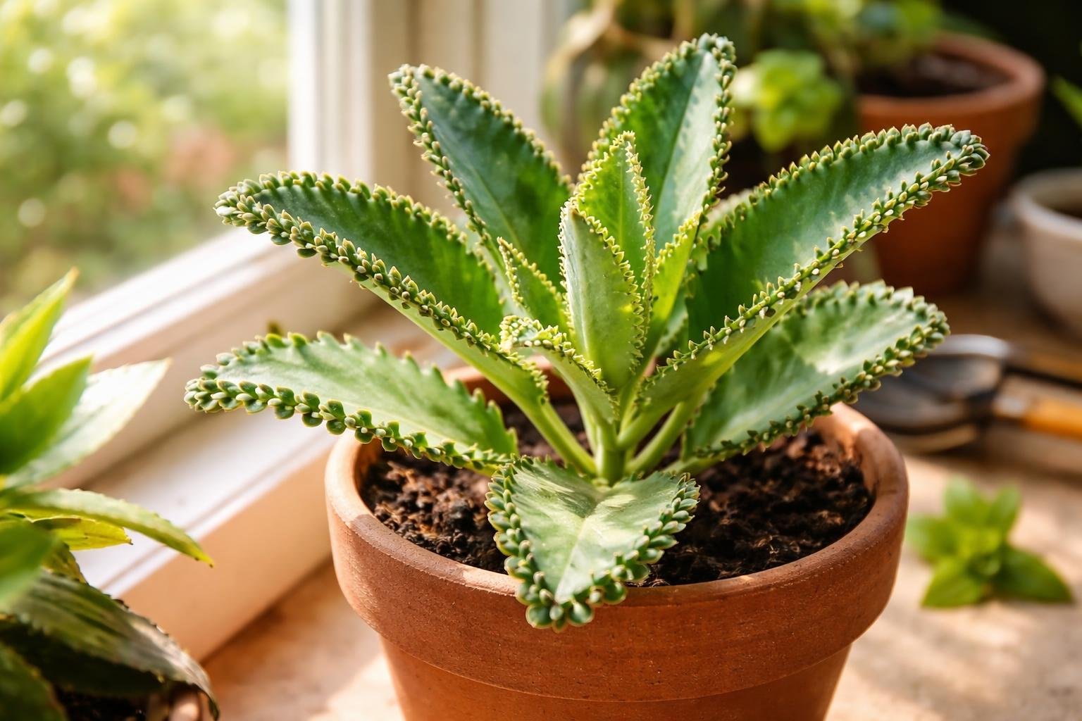 Kalanchoe daigremontiana levél szélén megjelenő sarjnövényekkel díszített szobanövény fotó egy érdekes szaporodási folyamatot bemutató képen