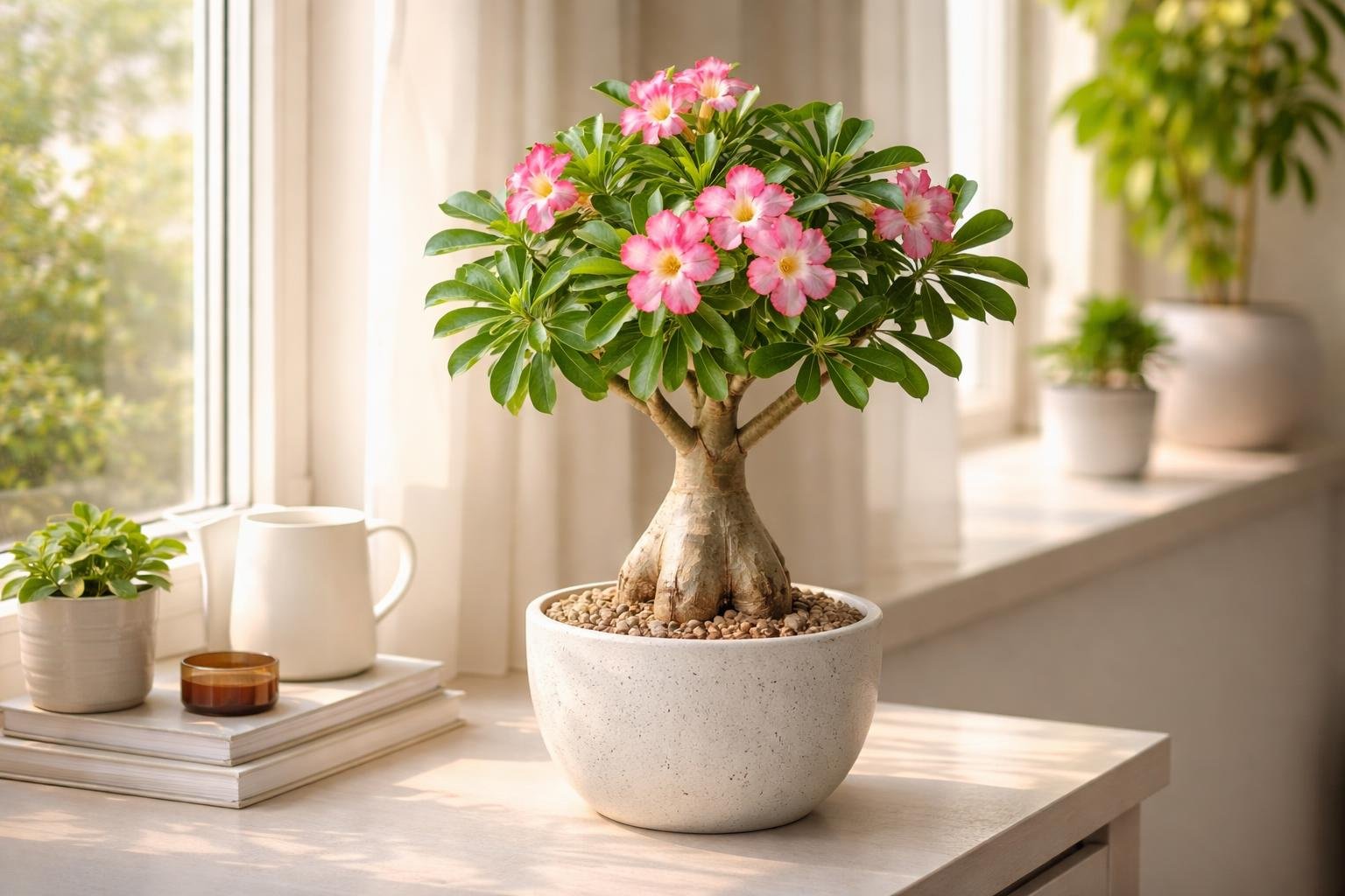 Sivatagi rózsa Adenium obesum képe: megvastagodott törzs, dús virágzás látható.