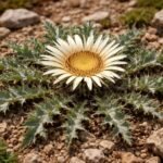 Szártalan bábakalács Carlina acaulis száraz, napos sziklakertben díszíti a kertet.