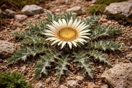 Szártalan bábakalács Carlina acaulis száraz, napos sziklakertben díszíti a kertet.