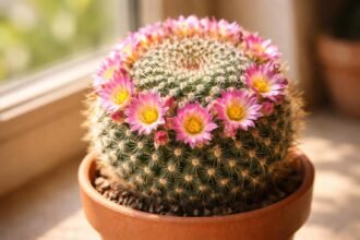 Szemölcskaktusz Mammillaria gömbölyű, tüskés szára, színes virágokkal díszítve a cserépben.