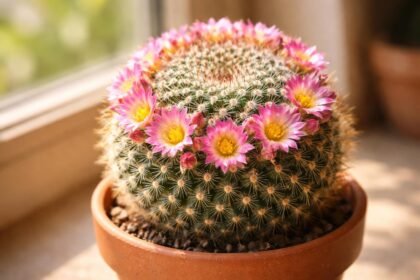 Szemölcskaktusz Mammillaria gömbölyű, tüskés szára, színes virágokkal díszítve a cserépben.