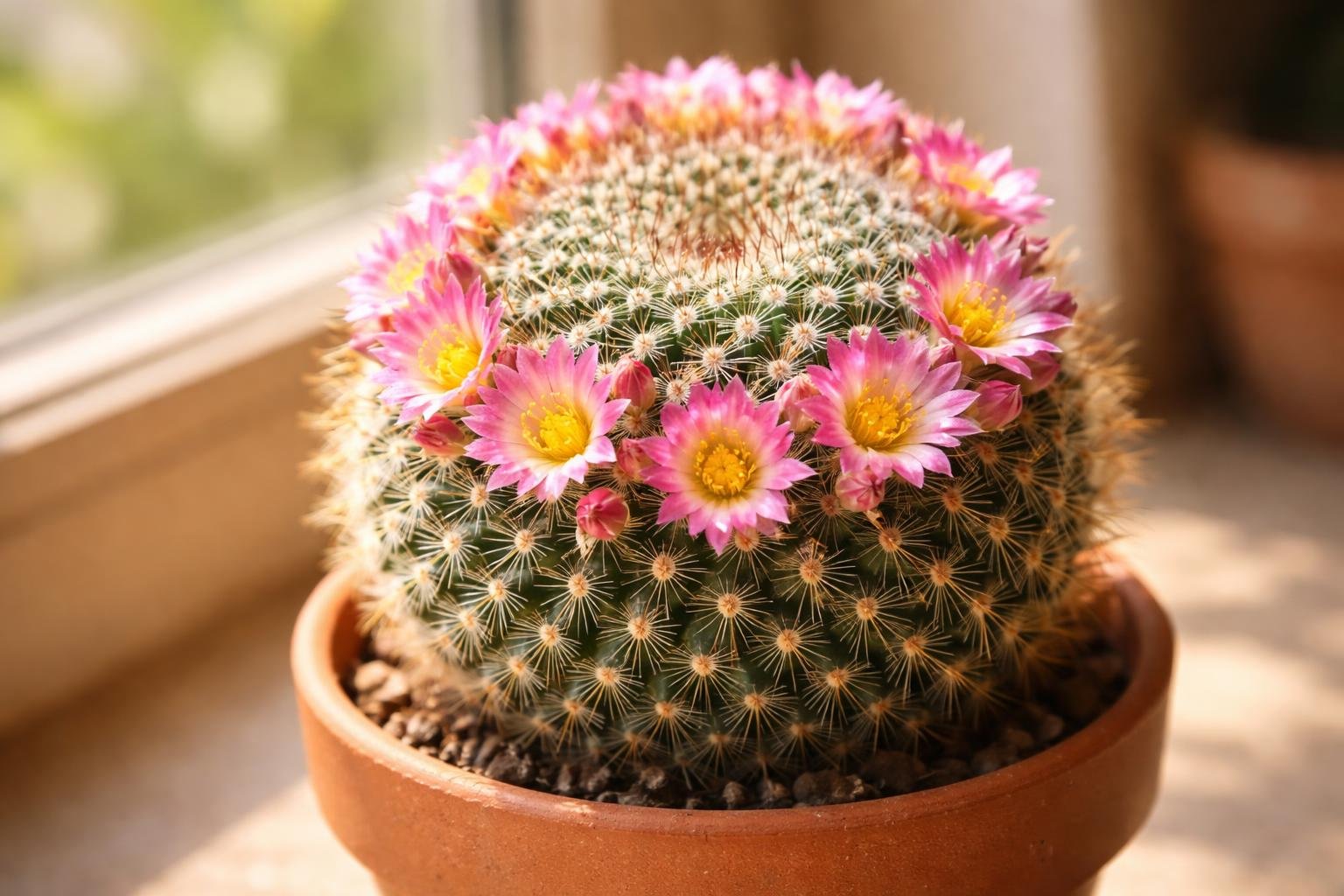 Szemölcskaktusz Mammillaria gömbölyű, tüskés szára, színes virágokkal díszítve a cserépben.