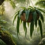 Ritka Szentlélek filodendron levelei hosszú csüngő formájúak, zöld árnyalatúak, fényes felületen fotózva.