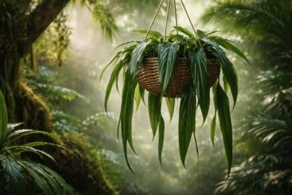 Ritka Szentlélek filodendron levelei hosszú csüngő formájúak, zöld árnyalatúak, fényes felületen fotózva.