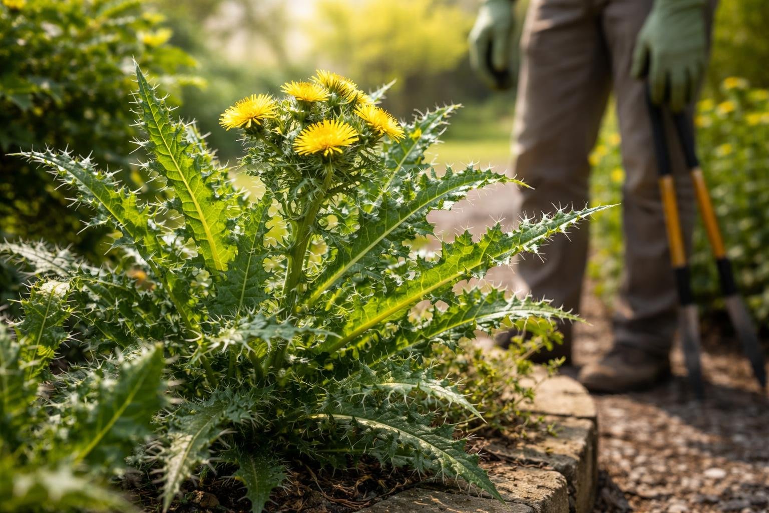 - Szúrós csorbóka: gyomnövény tüskékkel, sárga virágzattal és élénk lombbal, gyakori az út mentén.