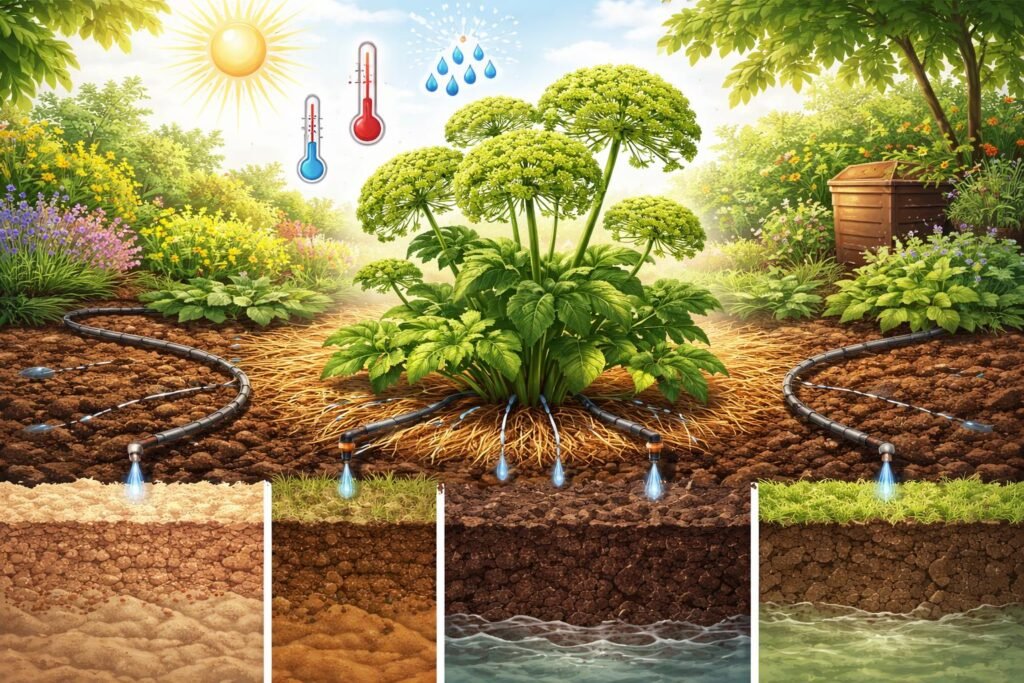- Talaj nedvessége dönti el az angyalgyökér túlélését, növekedését és öntözési stratégiáit.