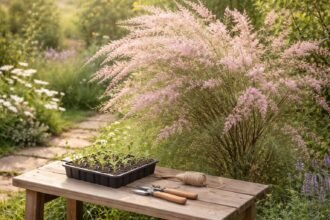 - Tamariska virágfelhő: napos helyet és mérsékelt öntözést igényel a kertben.