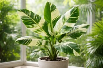 Tarka hawaii banánfa Musa 'Ae Ae' beltéri dísznövény fehér-zöld csíkos levelekkel.