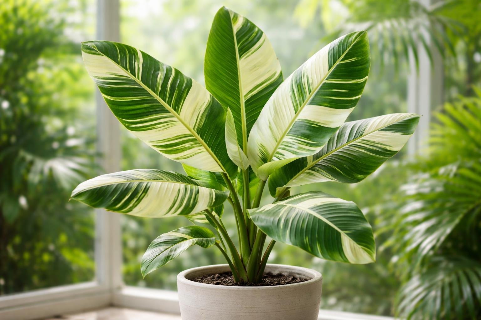 Tarka hawaii banánfa Musa 'Ae Ae' beltéri dísznövény fehér-zöld csíkos levelekkel.
