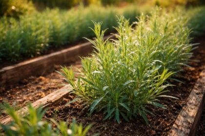 Kertben termesztett tárkony levelei friss aromával és ánizsos ízzel a fényben.