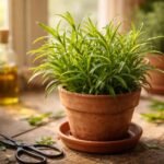 Tárkony növény cserépben az ablakban, friss illattal és zöld levelekkel a főzéshez