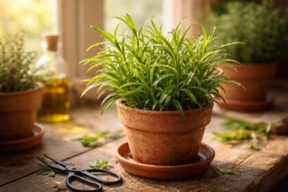 Tárkony növény cserépben az ablakban, friss illattal és zöld levelekkel a főzéshez