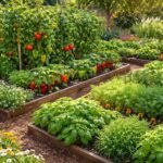 Konyhakertben ültetett növények barátságos társulásban, árnyékolás és illóanyagok által, egészséges talajnövekedéssel.