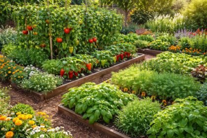 Konyhakertben ültetett növények barátságos társulásban, árnyékolás és illóanyagok által, egészséges talajnövekedéssel.