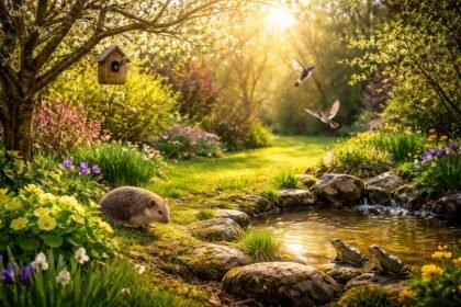 - Tavaszi kertben madarak, sünök és békák mozgolódnak a talaj felengedésével.